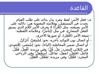 ‫القاعدة‬
‫القيام‬ ‫طلب‬ ‫على‬ ‫بذاته‬ ‫يدل‬ ‫مفرد‬ ‫لفظ‬ :‫األمر‬ ‫فعل‬ -‫جـ‬
‫على‬ ‫داللته‬ :‫هي‬ ‫المعنوية‬ ‫وعالمته‬ ،‫المستقبل‬ ‫في‬ ‫بحدث‬
‫يسبق‬ ‫الذي‬ ‫الالم‬ ‫األمر‬ ‫بحرف‬ ‫ال‬ )‫ْأ‬‫ر‬ْ‫ق‬ِ‫(ا‬ ‫مثل‬ ،‫بصيغته‬ ‫األمر‬
:‫اللفظية‬ ‫وعالماته‬ .)ْ‫تأمر‬ِ‫ل‬( ‫مثل‬ ‫في‬ ،‫المضارع‬ ‫الفعل‬
.‫األخرى‬ ‫صورها‬ ‫أو‬ ،)‫ل‬َ‫ع‬ْ‫ف‬‫(ا‬ ‫األمر‬ ‫صيغة‬ -
.َّ‫ن‬َ‫ك‬ُ‫تر‬ُ‫ا‬ ،َّ‫ن‬َ‫ع‬َ‫م‬ْ‫س‬ِ‫ا‬ :‫نحو‬ ،‫بآخره‬ ‫التوكيد‬ ‫نون‬ ‫اتصال‬ ‫أو‬ -
-
.‫دي‬ِ‫ص‬َ‫ت‬ْ‫ق‬ِ‫ا‬ ،‫عي‬َ‫م‬ْ‫س‬ِ‫ا‬ :‫نحو‬ ،)‫(الياء‬ ‫المخاطبة‬ ‫ضمير‬ ‫اتصال‬ ‫أو‬
-
،ْ‫ل‬ِّ‫ع‬َ‫ف‬ ،ْ‫ل‬ِ‫ع‬ْ‫ف‬‫أ‬ :‫مزيده‬ ‫وفي‬ ‫؛‬ْ‫ل‬َُِ‫ف‬ ،ْ‫ل‬ِ‫ع‬ :‫المجرد‬ ‫الثالثي‬ ‫في‬
‫الرباعي‬ ‫وفي‬ ‫؛‬ْ‫ل‬ِ‫ع‬ْ‫ف‬‫است‬ ،ْ‫ل‬َ‫ع‬‫تفا‬ ،ْ‫ل‬ِ‫ع‬‫انف‬ ،ْ‫ل‬ِ‫ع‬َ‫افت‬ ،ْ‫ل‬ِ‫ع‬‫فا‬
.ْ‫ل‬ِ‫ل‬َ‫ع‬ْ‫ف‬‫ا‬ ،ْ‫ل‬َ‫ل‬ْ‫ع‬َ‫ف‬َ‫ت‬ :‫مزيده‬ ‫وفي‬ ‫؛‬ْ‫ل‬ِ‫ل‬ْ‫ع‬َ‫ف‬ :‫المجرد‬
 