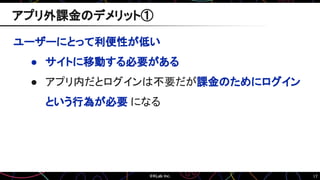 17
ユーザーにとって利便性が低い
● サイトに移動する必要がある
● アプリ内だとログインは不要だが課金のためにログイン
という行為が必要 になる
アプリ外課金のデメリット①
 