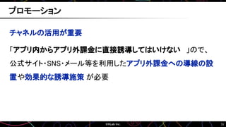 51
チャネルの活用が重要
「アプリ内からアプリ外課金に直接誘導してはいけない 」ので、
公式サイト・SNS・メール等を利用したアプリ外課金への導線の設
置や効果的な誘導施策 が必要
プロモーション
 