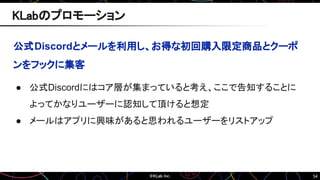 54
KLabのプロモーション
公式Discordとメールを利用し、お得な初回購入限定商品とクーポ
ンをフックに集客
● 公式Discordにはコア層が集まっていると考え、ここで告知することに
よってかなりユーザーに認知して頂けると想定
● メールはアプリに興味があると思われるユーザーをリストアップ
 