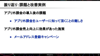 74
アプリ外課金の導入後の課題
● アプリ外課金をユーザーに知って頂くことの難しさ
アプリ外課金売上向上に効果があった施策
● メールアドレス登録キャンペーン
振り返り：課題と改善実例
 