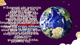 Παρ' ότι φαίνεται
στρογγυλή στις
φωτογραφίες, στην
πραγματικότητα είναι
λίγο πιο πεπλατυσμένη
στον Ισημερινό.
Η διαφορά μάς φαίνεται
μεγάλη (20 χμ.
μεγαλύτερη είναι η
ακτίνα της Γης στον
Ισημερινό σε σχέση με την
ακτίνα της στους πόλους),
αλλά αυτά τα 20 χμ. είναι
ελάχιστα μπροστά στο
τεράστιο
μέγεθός της.
Αυτός είναι και ο
λόγος που παρ' όλο
που το σχήμα της
δεν είναι σφαιρικό,
αλλά γεωειδές,
εμείς το βλέπουμε
τελείως στρογγυλό,
όπως στην
φωτογραφία δίπλα.
 