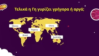 Mexico
Brasil
Nigeria
Australia
China
Τελικά η Γη γυρίζει γρήγορα ή αργά;
 