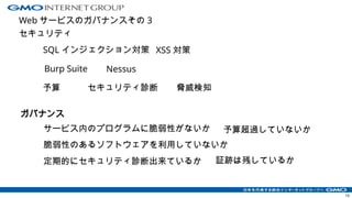 Web サービスのガバナンスその 3
セキュリティ
19
ガバナンス
SQL インジェクション対策
脆弱性のあるソフトウェアを利用していないか
セキュリティ診断
予算超過していないか
サービス内のプログラムに脆弱性がないか
証跡は残しているか
定期的にセキュリティ診断出来ているか
XSS 対策
予算
Burp Suite Nessus
脅威検知
 