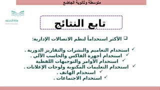 ‫الجاضع‬ ‫وثانوية‬ ‫متوسطة‬
‫النتائج‬ ‫تابع‬

‫اإلدارية‬ ‫االتصاالت‬ ‫لنظم‬ ً‫استخداما‬ ‫األكثر‬
:

. ‫الدورية‬ ‫والتقارير‬ ‫والنشرات‬ ‫التعاميم‬ ‫استخدام‬

. ‫اآللي‬ ‫والحاسب‬ ‫الفاكس‬ ‫أجهزة‬ ‫استخدام‬

‫اللفظية‬ ‫والتوجيهات‬ ‫األوامر‬ ‫استخدام‬

. ‫اإلعالنات‬ ‫ولوحات‬ ‫المكتوبة‬ ‫التعليمات‬ ‫استخدام‬

‫الهاتف‬ ‫استخدام‬
.

. ‫االجتماعات‬ ‫استخدام‬
 