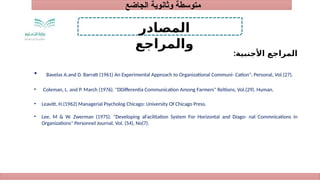 ‫الجاضع‬ ‫وثانوية‬ ‫متوسطة‬
1
‫األجنبية‬ ‫المراجع‬
:
2
3
‫المصادر‬
‫والمراجع‬
• Bavelas A.and D. Barratt (1961) An Experimental Approach to Organizational Communi- Cation", Personal, Vol.(27).
• Coleman, L. and P. March (1976). "DDifferentia Communication Among Farmers" Reltions, Vol.(29). Human.
• Leavitt, H.(1962) Managerial Psycholog Chicago: University Of Chicago Press.
• Lee, M & W. Zwerman (1975). "Developing aFacilitation System For Horizontal and Diago- nal Commnications in
Organizations" Personnel Journal, Vol. (54), No(7).
 