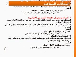 6
. -
‫للمنتجات‬ ‫االضافية‬ ‫التكاليف‬ ‫تخصيص‬
:
‫حساب‬ ‫في‬ ‫انخفاض‬ ‫و‬ ‫كاصل‬ ‫التشغيل‬ ‫تحت‬ ‫االنتاج‬ ‫مراقبة‬ ‫زيادة‬ ‫التحليل‬
) . (
‫اضافيةمخصصة‬ ‫ت‬ ‫الصناعي‬ ‫للقسم‬ ‫االضافيه‬ ‫التكاليف‬ ‫مراقبة‬
:‫القيد‬
/ ××
‫التشغيل‬ ‫تحت‬ ‫االنتاج‬ ‫مراقبة‬ ‫حـ‬ ‫من‬
. / ××
‫المخصصه‬ ‫االضافية‬ ‫التكاليف‬ ‫حـ‬ ‫إلى‬
7
:) ( -
‫االوامر‬ ‫من‬ ‫لعدد‬ ‫االنتاج‬ ‫تحويل‬ ‫و‬ ‫اتمام‬
:
‫تحت‬ ‫االنتاج‬ ‫مراقبة‬ ‫انخافض‬ ‫و‬ ‫كاصل‬ ‫التام‬ ‫االنتاج‬ ‫مراقبة‬ ‫زياده‬ ‫التحليل‬
. ‫كاصل‬ ‫التشغيل‬
‫اتمام‬ ‫بمجرد‬ ‫المساعد‬ ‫باالستاذ‬ ‫امر‬ ‫لكل‬ ‫االجماليه‬ ‫التكاليف‬ ‫تحديد‬ ‫يتم‬ ‫حيث‬
. ‫االمر‬
:‫القيد‬
/ ××
‫التام‬ ‫االنتاج‬ ‫مراقبة‬ ‫حـ‬ ‫من‬
/ ××
‫التشغيل‬ ‫تحت‬ ‫مراقبةاالنتاج‬ ‫حـ‬ ‫الى‬
8
. -
‫المباع‬ ‫االنتاج‬ ‫تكلفة‬
:
‫في‬ ‫وانخفاض‬ ‫كمصروف‬ ‫االنتاج‬ ‫تكلفة‬ ‫في‬ ‫زياده‬ ‫هناك‬ ‫ستكون‬ ‫التحليل‬
.‫كاصل‬ ‫التام‬ ‫االنتاج‬ ‫مراقبة‬
:‫القيد‬
/ ××
‫المباع‬ ‫االنتاج‬ ‫مراقبة‬ ‫حـ‬ ‫من‬
/ ××
‫المباع‬ ‫مراقبةاالنتاج‬ ‫حـ‬ ‫الى‬
‫في‬ ‫االمر‬ ‫تكلفة‬ ‫تحديد‬ ‫لنظام‬ ‫ايضاح‬
‫الصناعية‬ ‫المجاالت‬
 