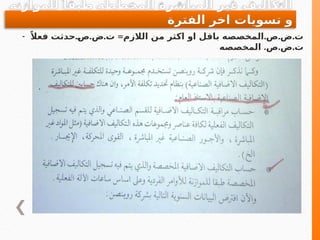 - . . . = . . .
ً‫فعال‬ ‫حدثت‬ ‫ـ‬
‫ص‬ ‫ض‬ ‫ت‬ ‫الالزم‬ ‫من‬ ‫اكثر‬ ‫او‬ ‫باقل‬ ‫المخصصه‬ ‫ص‬ ‫ض‬ ‫ت‬
. . .
‫المخصصه‬ ‫ص‬ ‫ض‬ ‫ت‬
‫للموازنه‬ ً‫طبقا‬ ‫المخططه‬ ‫المباشرة‬ ‫غير‬ ‫التكاليف‬
‫الفترة‬ ‫اخر‬ ‫تسويات‬ ‫و‬
 