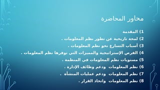 ‫محاور‬
‫المحاضرة‬
1
)
‫المقدمة‬
2
)
. ‫المعلومات‬ ‫نظم‬ ‫تطور‬ ‫عن‬ ‫تاريخية‬ ‫لمحة‬
3
)
. ‫المعلومات‬ ‫نظم‬ ‫نحو‬ ‫التسارع‬ ‫أسباب‬
4
)
. ‫المعلومات‬ ‫نظم‬ ‫توفرها‬ ‫التي‬ ‫والمميزات‬ ‫اإلستراتيجية‬ ‫الفرص‬
5
)
. ‫المنظمة‬ ‫في‬ ‫المعلومات‬ ‫نظم‬ ‫مستويات‬
6
)
. ‫اإلدارة‬ ‫وظائف‬ ‫ودعم‬ ‫المعلومات‬ ‫نظم‬
7
)
. ‫المنشأة‬ ‫عمليات‬ ‫ودعم‬ ‫المعلومات‬ ‫نظم‬
8
)
. ‫القرار‬ ‫واتخاذ‬ ‫المعلومات‬ ‫نظم‬
 