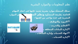‫البشرية‬ ‫والموارد‬ ‫المعلومات‬ ‫نظم‬
‫المهام‬ ‫انجاز‬ ‫في‬ ‫عليها‬ ‫تعتمد‬ ‫بشرية‬ ‫موارد‬ ‫المنشأة‬ ‫تمتلك‬
‫المنشأوة‬ ‫بطبيعة‬ ‫الخاصة‬
‫المعلومات‬ ‫ونظم‬
‫الموارد‬ ‫تدعم‬
: ‫اهمها‬ ‫من‬ ‫نواحي‬ ‫عدة‬ ‫في‬ ‫البشرية‬

. ‫والتوظيف‬ ‫التزويد‬

. ‫والتدريب‬ ‫التعليم‬

‫بالموظفين‬ ‫المتعلقة‬ ‫البيانات‬ ‫إدارة‬
.

. ‫المكافأت‬ ‫وإدارة‬ ‫الخدمات‬ ‫انهاء‬

. ‫الخدمات‬ ‫إدارة‬
 