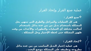 ‫القرار‬ ‫وإتخاذ‬ ‫القرار‬ ‫صنع‬ ‫عملية‬

: ‫القرار‬ ‫صنع‬
‫بحل‬ ‫تنتهي‬ ‫التي‬ ‫والطرق‬ ‫والمراحل‬ ‫العمليات‬ ‫كل‬ ‫هي‬
‫باستخدام‬ ‫بدائل‬ ‫عدة‬ ‫بين‬ ‫من‬ ‫بديل‬ ‫باستخدام‬ ‫المشكلة‬
‫وقت‬ ‫من‬ ‫واألحداث‬ ‫والتطورات‬ ‫العمليات‬ ‫أي‬ ‫مختلفة‬ ‫أساليب‬
. ‫المشكلة‬ ‫وحل‬ ‫اإلختيار‬ ‫لحظة‬ ‫حتى‬ ‫المشكلة‬ ‫ظهور‬

: ‫القرار‬ ‫إتخاذ‬
‫بدائل‬ ‫عدة‬ ‫بين‬ ‫من‬ ‫المناسب‬ ‫البديل‬ ‫إختيار‬ ‫عملية‬ ‫هي‬
. ‫البحث‬ ‫موضع‬ ‫المشكلة‬ ‫على‬ ‫وتطبيقه‬ ‫مطروحة‬
 