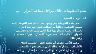 ‫القرار‬ ‫صناعة‬ ‫مراحل‬ ‫خالل‬ ‫المعلومات‬ ‫نظم‬
‫يتبع‬
4
: ‫التنفيذ‬ ‫مرحلة‬ -
‫إليه‬ ‫التوصل‬ ‫يتم‬ ‫الذي‬ ‫الحل‬ ‫وضع‬ ‫يتم‬ ‫المرحلة‬ ‫هذه‬ ‫في‬
‫إجراء‬ ‫المرحلة‬ ‫هذه‬ ‫تتطلب‬ ‫ما‬ ً‫وغالبا‬ ،‫التنفيذ‬ ‫موضع‬
‫تخصيص‬ ‫إعادة‬ ‫مثل‬ ‫الحل‬ ‫هذا‬ ‫يستلزمها‬ ‫معينة‬ ‫تغييرات‬
‫تنظيمية‬ ‫تغيرات‬ ،‫العمال‬ ‫تدريب‬ ،‫المتاحة‬ ‫المالية‬ ‫الموارد‬
. ‫ذلك‬ ‫وغير‬
‫إقناع‬ ‫يتطلب‬ ‫القرار‬ ‫تنفيذ‬ ‫أن‬ ‫نقول‬ ‫األخير‬ ‫وفي‬
‫بالتنفيذ‬ ‫تقوم‬ ‫سوف‬ ‫التي‬ ‫وتلك‬ ‫المشاركة‬ ‫لألطراف‬
‫العديد‬ ‫بين‬ ‫إتصال‬ ‫عمليات‬ ‫الى‬ ‫يحتاج‬ ‫األمر‬ ‫فإن‬ ‫وبالتالي‬
 