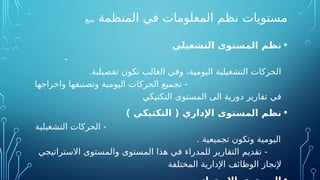 ‫المنظمة‬ ‫في‬ ‫المعلومات‬ ‫نظم‬ ‫مستويات‬
‫يتبع‬
•
‫التشغيلي‬ ‫المستوى‬ ‫نظم‬
-
.‫تفصيلية‬ ‫تكون‬ ‫الغالب‬ ‫وفي‬ ،‫اليومية‬ ‫التشغيلية‬ ‫الحركات‬
‫واخراجها‬ ‫وتصنيفها‬ ‫اليومية‬ ‫الحركات‬ ‫تجميع‬ -
‫التكتيكي‬ ‫المستوى‬ ‫الى‬ ‫دورية‬ ‫تقارير‬ ‫في‬
•
) ‫التكتيكي‬ ( ‫اإلداري‬ ‫المستوى‬ ‫نظم‬
‫التشغيلية‬ ‫الحركات‬ -
. ‫تجميعية‬ ‫وتكون‬ ‫اليومية‬
‫االستراتيجي‬ ‫والمستوى‬ ‫المستوى‬ ‫هذا‬ ‫في‬ ‫للمدراء‬ ‫التقارير‬ ‫تقديم‬ -
‫المختلفة‬ ‫اإلدارية‬ ‫الوظائف‬ ‫إلنجاز‬
 