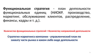 19
Функциональная стратегия - план деятельности
функциональных единиц (НИОКР, производство,
маркетинг, обслуживание клиентов, распределение,
финансы, кадры и т. д.).
Количество функциональных стратегий = Количеству направлений деятельности
Стратегия маркетинга компании - управленческий план по
захвату части рынка в каком-либо виде деятельности
 