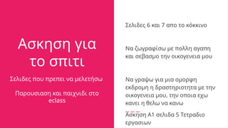 Ασκηση για
το σπιτι
Σελιδες που πρεπει να μελετήσω
Παρουσιαση και παιχνιδι στο
eclass
Σελιδες 6 και 7 απο το κόκκινο
Να ζωγραφίσω με πολλη αγαπη
και σεβασμο την οικογενεια μου
Να γραψω για μια ομορφη
εκδρομη η δραστηριοτητα με την
οικογενεια μου, την οποια εχω
κανει η θελω να κανω
Ασκηση Α1 σελιδα 5 Τετραδιο
εργασιων
 