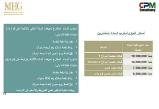 ‫للمشترين‬ ‫السداد‬ ‫وأسلوب‬ ‫البيع‬ ‫أسعار‬
( ‫فترة‬ ‫على‬ ‫والثانية‬ ‫األولى‬ ‫السنة‬ ‫لمبيعات‬ ‫المقترح‬ ‫السداد‬ ‫اسلوب‬
7
)
:‫يلى‬ ‫لما‬ ‫طبقا‬ ‫سنوات‬

10
‫مقدمة‬ ‫دفعة‬ %

5%
‫سنوات‬ ‫أربعة‬ ‫بعد‬ ‫استالم‬ ‫دفعة‬

28
‫سنوات‬ ‫سبعة‬ ‫لمدة‬ ‫سنوي‬ ‫ربع‬ ‫قسط‬
( ‫فترة‬ ‫على‬ ‫والرابعة‬ ‫الثالثة‬ ‫السنة‬ ‫لمبيعات‬ ‫المقترح‬ ‫السداد‬ ‫اسلوب‬
6
)
:‫يلى‬ ‫لما‬ ‫طبقا‬ ‫سنوات‬

10
‫مقدمة‬ ‫دفعة‬ %

5%
‫سنوات‬ ‫ثالثة‬ ‫بعد‬ ‫استالم‬ ‫دفعة‬

24
‫سنوات‬ ‫سبعة‬ ‫لمدة‬ ‫سنوي‬ ‫ربع‬ ‫قسط‬
‫الدراسة‬ ‫فى‬ ‫واألسعار‬ ‫الشروط‬ ‫نفس‬ ‫تبنى‬ ‫تم‬ ‫علية‬ ‫وبناءا‬
‫النشاط‬
‫شامال‬ ‫للفيال‬ ‫البيع‬ ‫سعر‬
‫الحديقة‬
‫نموذج‬ ‫منفصلة‬ ‫فيالت‬
1 ‫جنية‬
10,500,000
‫نموذج‬ ‫منفصلة‬ ‫فيالت‬
2
Corner ‫جنية‬
14,000,000
‫هاوس‬ ‫توين‬ ‫فيالت‬ ‫جنية‬
7,500,000
‫هاوس‬ ‫تاون‬ ‫فيالت‬
4
‫وحدات‬ ‫جنية‬
5,500,000
17
 