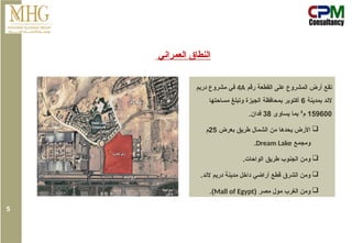 ‫العمراني‬ ‫النطاق‬
‫رقم‬ ‫القطعة‬ ‫على‬ ‫المشروع‬ ‫أرض‬ ‫تقع‬
4A
‫دريم‬ ‫مشروع‬ ‫في‬
‫بمدينة‬ ‫الند‬
6
‫الجيزة‬ ‫بمحافظة‬ ‫أكتوبر‬
‫مساحتها‬ ‫وتبلغ‬
159600
‫م‬
²
‫يساوى‬ ‫بما‬
38
.‫فدان‬

‫بعرض‬ ‫طريق‬ ‫الشمال‬ ‫من‬ ‫يحدها‬ ‫األرض‬
25
‫م‬
‫ومجمع‬
Dream Lake
.

.‫الواحات‬ ‫طريق‬ ‫الجنوب‬ ‫ومن‬

.‫الند‬ ‫دريم‬ ‫مدينة‬ ‫داخل‬ ‫أراضي‬ ‫قطع‬ ‫الشرق‬ ‫ومن‬

( ‫مصر‬ ‫مول‬ ‫الغرب‬ ‫ومن‬
Mall of Egypt
.)
5
 