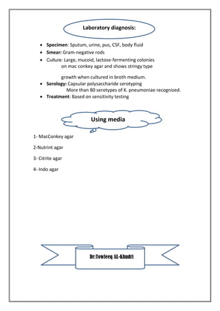  Specimen: Sputum, urine, pus, CSF, body fluid
 Smear: Gram-negative rods
 Culture: Large, mucoid, lactose-fermenting colonies
on mac conkey agar and shows stringy type
growth when cultured in broth medium.
 Serology: Capsular polysaccharide serotyping
More than 80 serotypes of K. pneumoniae recognized.
 Treatment: Based on sensitivity testing
1- MacConkey agar
2-Nutrint agar
3- Citrite agar
4- Indo agar
Laboratory diagnosis:
Using media
DDr:Towfeeq AL-Khudri
 