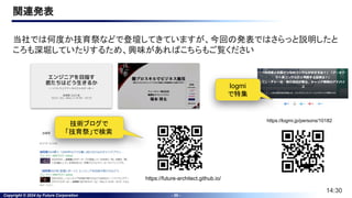 Copyright © 2024 by Future Corporation - 30 -
関連発表
当社では何度か技育祭などで登壇してきていますが、今回の発表ではさらっと説明したと
ころも深堀していたりするため、興味があればこちらもご覧ください
https://future-architect.github.io/
https://logmi.jp/persons/10182
技術ブログで
「技育祭」で検索
logmi
で特集
14:30
 