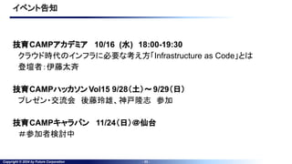 Copyright © 2024 by Future Corporation - 33 -
イベント告知
技育CAMPアカデミア 10/16 (水) 18:00-19:30
クラウド時代のインフラに必要な考え方「Infrastructure as Code」とは
登壇者：伊藤太斉
技育CAMPハッカソン Vol15 9/28（土）～9/29（日）
プレゼン・交流会 後藤玲雄、神戸隆志 参加
技育CAMPキャラバン 11/24（日）＠仙台
＃参加者検討中
 