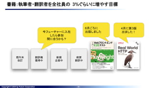 Copyright © 2024 by Future Corporation - 34 -
書籍：執筆者・翻訳者を全社員の 3%ぐらいに増やす目標
4月に第3版
出ました！
6月ごろに
出版しました
絶賛
翻訳中
新規
企画中
翻訳権
獲得中
既刊本
改訂
今フューチャーに入社
したら参加
間に合うかも？
 