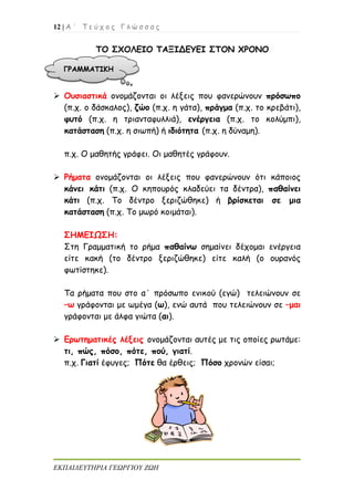 12 | Α ΄ Τ ε ύ χ ο ς Γ λ ώ σ σ α ς
ΕΚΠΑΙΔΕΥΤΗΡΙΑ ΓΕΩΡΓΙΟΥ ΖΩΗ
ΤΟ ΣΧΟΛΕΙΟ ΤΑΞΙΔΕΥΕΙ ΣΤΟΝ ΧΡΟΝΟ
 Ουσιαστικά ονομάζονται οι λέξεις που φανερώνουν πρόσωπο
(π.χ. ο δάσκαλος), ζώο (π.χ. η γάτα), πράγμα (π.χ. το κρεβάτι),
φυτό (π.χ. η τριανταφυλλιά), ενέργεια (π.χ. το κολύμπι),
κατάσταση (π.χ. η σιωπή) ή ιδιότητα (π.χ. η δύναμη).
π.χ. Ο μαθητής γράφει. Οι μαθητές γράφουν.
 Ρήματα ονομάζονται οι λέξεις που φανερώνουν ότι κάποιος
κάνει κάτι (π.χ. Ο κηπουρός κλαδεύει τα δέντρα), παθαίνει
κάτι (π.χ. Το δέντρο ξεριζώθηκε) ή βρίσκεται σε μια
κατάσταση (π.χ. Το μωρό κοιμάται).
ΣΗΜΕΙΩΣΗ:
Στη Γραμματική το ρήμα παθαίνω σημαίνει δέχομαι ενέργεια
είτε κακή (το δέντρο ξεριζώθηκε) είτε καλή (ο ουρανός
φωτίστηκε).
Τα ρήματα που στο α΄ πρόσωπο ενικού (εγώ) τελειώνουν σε
–ω γράφονται με ωμέγα (ω), ενώ αυτά που τελειώνουν σε –μαι
γράφονται με άλφα γιώτα (αι).
 Ερωτηματικές λέξεις ονομάζονται αυτές με τις οποίες ρωτάμε:
τι, πώς, πόσο, πότε, πού, γιατί.
π.χ. Γιατί έφυγες; Πότε θα έρθεις; Πόσο χρονών είσαι;
 