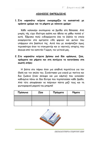 Γ ΄ Δ η μ ο τ ι κ ο ύ | 13
ΕΚΠΑΙΔΕΥΤΗΡΙΑ ΓΕΩΡΓΙΟΥ ΖΩΗ
ΑΣΚΗΣΕΙΣ ΕΜΠΕΔΩΣΗΣ
1. Στο παρακάτω κείμενο υπογραμμίζω τα ουσιαστικά με
πράσινο χρώμα και τα ρήματα με κόκκινο χρώμα:
Κάθε καλοκαίρι ανυπομονώ να βρεθώ στη θάλασσα. Από
μικρός τής είχα ιδιαίτερη αγάπη και ήθελα να μάθω πολλά γι’
αυτή. Έβρισκα πολύ ενδιαφέροντα όλα τα βιβλία τα οποία
αναφέρονταν στα αμέτρητα είδη ψαριών και φυτών που
υπάρχουν στο βασίλειό της. Αυτά που με συνάρπαζαν όμως
περισσότερο ήταν τα ντοκιμαντέρ και οι ναυτικές ιστορίες που
άκουγα από τον καπετάν Γιώργη, τον γείτονά μας.
2. Στο παρακάτω κείμενο βρίσκω από δύο πρόσωπα, ζώα,
πράγματα και ρήματα και στη συνέχεια τα κατατάσσω στη
σωστή στήλη:
Η βόλτα στο πάρκο ήταν μια αληθινή περιπέτεια για τον
Θαλή και τον σκύλο του. Συνάντησαν μια γιαγιά με πατίνια και
δυο ζωάκια (έναν σκίουρο και μια κάμπια) που γελούσαν
καθισμένα πάνω σε δύο δέντρα που περπατούσαν κάθε βράδυ.
Από τότε αποφάσισαν να παίρνουν πάντα μαζί τους και τη
φωτογραφική μηχανή του μπαμπά!
Πρόσωπα Ζώα Πράγματα Ρήματα
 