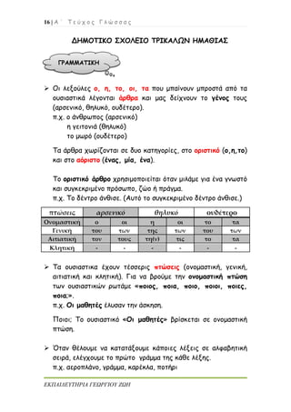 16 | Α ΄ Τ ε ύ χ ο ς Γ λ ώ σ σ α ς
ΕΚΠΑΙΔΕΥΤΗΡΙΑ ΓΕΩΡΓΙΟΥ ΖΩΗ
ΔΗΜΟΤΙΚΟ ΣΧΟΛΕΙΟ ΤΡΙΚΑΛΩΝ ΗΜΑΘΙΑΣ
 Οι λεξούλες ο, η, το, οι, τα που μπαίνουν μπροστά από τα
ουσιαστικά λέγονται άρθρα και μας δείχνουν το γένος τους
(αρσενικό, θηλυκό, ουδέτερο).
π.χ. ο άνθρωπος (αρσενικό)
η γειτονιά (θηλυκό)
το μωρό (ουδέτερο)
Τα άρθρα χωρίζονται σε δυο κατηγορίες, στο οριστικό (ο,η,το)
και στο αόριστο (ένας, μία, ένα).
Το οριστικό άρθρο χρησιμοποιείται όταν μιλάμε για ένα γνωστό
και συγκεκριμένο πρόσωπο, ζώο ή πράγμα.
π.χ. Το δέντρο άνθισε. (Αυτό το συγκεκριμένο δέντρο άνθισε.)
πτώσεις αρσενικό θηλυκό ουδέτερο
Ονομαστική ο οι η οι το τα
Γενική του των της των του των
Αιτιατική τον τους τη(ν) τις το τα
Κλητική - - - - - -
 Τα ουσιαστικα έχουν τέσσερις πτώσεις (ονομαστική, γενική,
αιτιατική και κλητική). Για να βρούμε την ονομαστική πτώση
των ουσιαστικών ρωτάμε «ποιος, ποια, ποιο, ποιοι, ποιες,
ποια;».
π.χ. Οι μαθητές έλυσαν την άσκηση.
Ποιοι; Το ουσιαστικό «Οι μαθητές» βρίσκεται σε ονομαστική
πτώση.
 Όταν θέλουμε να κατατάξουμε κάποιες λέξεις σε αλφαβητική
σειρά, ελέγχουμε το πρώτο γράμμα της κάθε λέξης.
π.χ. αεροπλάνο, γράμμα, καρέκλα, ποτήρι
 