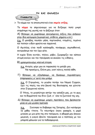 Γ ΄ Δ η μ ο τ ι κ ο ύ | 77
ΕΚΠΑΙΔΕΥΤΗΡΙΑ ΓΕΩΡΓΙΟΥ ΖΩΗ
ΓΗ ΚΑΙ ΘΑΛΑΣΣΑ
 Το κόμμα και τα αποσιωπητικά είναι σημεία στίξης.
Το κόμμα το σημειώνουμε για να δείξουμε πολύ μικρό
σταμάτημα της φωνής και το βάζουμε όταν:
Α) θέλουμε να χωρίσουμε συνεχόμενες λέξεις που ανήκουν
στην ίδια κατηγορία (ουσιαστικά, επίθετα, ρήματα κ.λπ.)
π.χ. Ο μανάβης πουλάει μήλα, πορτοκάλια, ντομάτες, λεμόνια
και πολλών ειδών φρούτα και λαχανικά.
Ο Αχιλλέας είναι παιδί καλόκαρδο, πονόψυχο, συμπαθητικό,
συνεργάσιμο και τον έχω φίλο.
Η κυρία Έλλη κεντάει, πλέκει, ράβει, ζωγραφίζει και κάποια
στιγμή ανοίγει και την τηλεόραση να ακούσει τις ειδήσεις.
Β) χρησιμοποιούμε κλητική πτώση
π.χ. Αντρέα, φέρε μου σε παρακαλώ το μολύβι μου.
Να προσέχεις, Ελένη μου, γιατί κάνεις πολλά λάθη.
Γ) θέλουμε να εξηγήσουμε, να δώσουμε περισσότερες
πληροφορίες γι’ αυτό που μιλάμε
π.χ. Ο Στρυμόνας, το μεγάλο ποτάμι του Νομού Σερρών,
έχει τις πηγές του στα βουνά της Βουλγαρίας και χύνεται
στον Στρυμονικό κόλπο.
Ο Ήλιος, το μεγαλύτερο αστέρι του γαλαξία μας, με το φως
και τη θερμότητά του δίνει ζωή σ΄ όλα τα ζωντανά της γης.
Δ) θέλουμε να χωρίσουμε μικρές προτάσεις που βρίσκονται
μέσα σε μία μεγάλη πρόταση
π.χ. Ξεκίνησα το διάβασμα της Ιστορίας. Δεν κατάφερα
να μάθω τίποτα. Το πλυντήριο έκανε φασαρία, η μαμά
μιλούσε με μια φίλη της στο τηλέφωνο, η αδερφή μου άκουγε
μουσική, η γιαγιά έβλεπε τηλεόραση και ο παππούς με τον
μπαμπά μάλωναν για τα ποδοσφαιρικά.
 