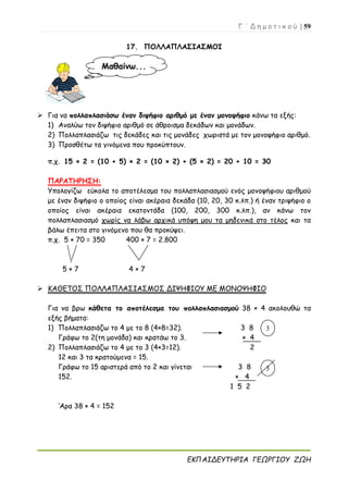 Γ ΄ Δ η μ ο τ ι κ ο ύ | 59
ΕΚΠΑΙΔΕΥΤΗΡΙΑ ΓΕΩΡΓΙΟΥ ΖΩΗ
17. ΠΟΛΛΑΠΛΑΣΙΑΣΜΟΙ
 Για να πολλαπλασιάσω έναν διψήφιο αριθμό με έναν μονοψήφιο κάνω τα εξής:
1) Αναλύω τον διψήφιο αριθμό σε άθροισμα δεκάδων και μονάδων.
2) Πολλαπλασιάζω τις δεκάδες και τις μονάδες χωριστά με τον μονοψήφιο αριθμό.
3) Προσθέτω τα γινόμενα που προκύπτουν.
π.χ. 15 × 2 = (10 + 5) × 2 = (10 × 2) + (5 × 2) = 20 + 10 = 30
ΠΑΡΑΤΗΡΗΣΗ:
Υπολογίζω εύκολα το αποτέλεσμα του πολλαπλασιασμού ενός μονοψήφιου αριθμού
με έναν διψήφιο ο οποίος είναι ακέραια δεκάδα (10, 20, 30 κ.λπ.) ή έναν τριψήφιο ο
οποίος είναι ακέραια εκατοντάδα (100, 200, 300 κ.λπ.), αν κάνω τον
πολλαπλασιασμό χωρίς να λάβω αρχικά υπόψη μου τα μηδενικά στο τέλος και τα
βάλω έπειτα στο γινόμενο που θα προκύψει.
π.χ. 5 × 70 = 350 400 × 7 = 2.800
5 × 7 4 × 7
 ΚΑΘΕΤΟΣ ΠΟΛΛΑΠΛΑΣΙΑΣΜΟΣ ΔΙΨΗΦΙΟΥ ΜΕ ΜΟΝΟΨΗΦΙΟ
Για να βρω κάθετα το αποτέλεσμα του πολλαπλασιασμού 38 × 4 ακολουθώ τα
εξής βήματα:
1) Πολλαπλασιάζω το 4 με το 8 (4×8=32). 3 8
Γράφω το 2(τη μονάδα) και κρατάω το 3. × 4
2) Πολλαπλασιάζω το 4 με το 3 (4×3=12). 2
12 και 3 τα κρατούμενα = 15.
Γράφω το 15 αριστερά από το 2 και γίνεται 3 8
152. × 4
1 5 2
‘Αρα 38 × 4 = 152
Μαθαίνω...
3
3
 