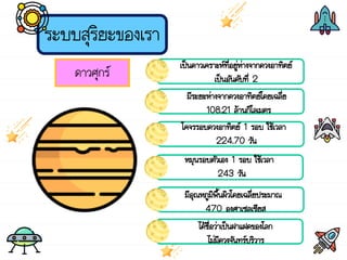 ระบบสุริยะของเรา
ดาวศุกร์ เป็นดาวเคราะห์ที่อยู่ห่างจากดวงอาทิตย์
เป็นอันดับที่ 2
มีระยะห่างจากดวงอาทิตย์โดยเฉลี่ย
108.21 ล้านกิโลเมตร
โคจรรอบดวงอาทิตย์ 1 รอบ ใช้เวลา
224.70 วัน
หมุนรอบตัวเอง 1 รอบ ใช้เวลา
243 วัน
มีอุณหภูมิพื้นผิวโดยเฉลี่ยประมาณ
470 องศาเซลเซียส
ได้ชื่อว่าเป็นฝาแฝดของโลก
ไม่มีดวงจันทร์บริวาร
 