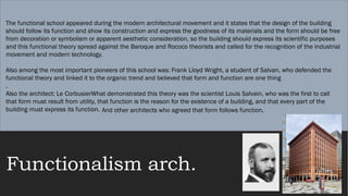 Functionalism arch.
The functional school appeared during the modern architectural movement and it states that the design of the building
should follow its function and show its construction and express the goodness of its materials and the form should be free
from decoration or symbolism or apparent aesthetic consideration, so the building should express its scientific purposes
and this functional theory spread against the Baroque and Rococo theorists and called for the recognition of the industrial
movement and modern technology.
Also among the most important pioneers of this school was: Frank Lloyd Wright, a student of Salvan, who defended the
functional theory and linked it to the organic trend and believed that form and function are one thing
.
Also the architect: Le CorbusierWhat demonstrated this theory was the scientist Louis Salvain, who was the first to call
that form must result from utility, that function is the reason for the existence of a building, and that every part of the
building must express its function. And other architects who agreed that form follows function.
 
