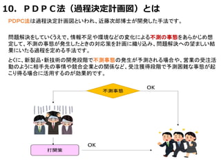 10．ＰＤＰＣ法（過程決定計画図）とは
ＰＤＰＣ法は過程決定計画図といわれ、近藤次郎博士が開発した手法です。
問題解決をしていくうえで、情報不足や環境などの変化による不測の事態をあらかじめ想
定して、不測の事態が発生したときの対応策を計画に織り込み、問題解決への望ましい結
果にいたる過程を定める手法です。
とくに、新製品・新技術の開発段階で不測事態の発生が予測される場合や、営業の受注活
動のように相手先の事情や競合企業との関係など、受注獲得段階で予測困難な事態が起
こり得る場合に活用するのが効果的です。
 
