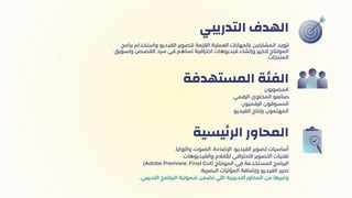 ‫التدريبي‬ ‫الهدف‬
‫المصورون‬
‫الرقمي‬ ‫المحتوى‬ ‫صانعو‬
‫الرقميون‬ ‫المسوقون‬
‫الفيديو‬ ‫بإنتاج‬ ‫المهتمون‬
‫المستهدفة‬ ‫الفئة‬
.‫والزوايا‬ ،‫الصوت‬ ،‫اإلضاءة‬ :‫الفيديو‬ ‫تصوير‬ ‫أساسيات‬
.‫والفيديوهات‬ ‫لألفالم‬ ‫االحترافي‬ ‫التصوير‬ ‫تقنيات‬
.)Adobe Premiere، Final Cut( ‫المونتاج‬ ‫في‬ ‫المستخدمة‬ ‫البرامج‬
.‫البصرية‬ ‫المؤثرات‬ ‫وإضافة‬ ‫الفيديو‬ ‫تحرير‬
.‫التدريبي‬ ‫البرنامج‬ ‫شمولية‬ ‫تضمن‬ ‫اللي‬ ‫التدريبية‬ ‫المحاور‬ ‫من‬ ‫وغيرها‬
‫يسية‬‫ئ‬‫الر‬ ‫المحاور‬
‫برامج‬ ‫واستخدام‬ ‫الفيديو‬ ‫لتصوير‬ ‫الالزمة‬ ‫العملية‬ ‫بالمهارات‬ ‫المشاركين‬ ‫تزويد‬
‫وتسويق‬ ‫القصص‬ ‫سرد‬ ‫في‬ ‫تساهم‬ ‫احترافية‬ ‫فيديوهات‬ ‫وإنشاء‬ ‫لتحرير‬ ‫المونتاج‬
.‫المنتجات‬
 