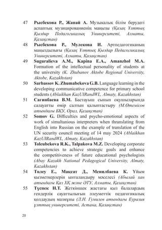 20
47 Рысбекова Р., Жанай А. Музыкалық білім берудегі
аспаптық музицированиенің маңызы (Қазақ Ұлттық
Қыздар Педагогикалық Университеті, Алматы,
Қазақстан)
48 Рысбекова Р., Мулекова И. Артпедагогиканың
маңызды­
лығы (Қазақ Ұлттық Қыздар Педагогикалық
Университеті, Алматы, Қазақстан)
49 Suguralieva А.М., Kapina Е.А., Amanzhol M.A.
Formation of the intellectual personality of students at
the university (K. Zhubanov Aktobe Regional University,
Aktobe, Kazakhstan)
50 Sarbassov K. Zhumabekova G.B. Language learning in the
developing communicative competence for primary school
students (Ablaikhan KazUIRandWL, Almaty, Kazakhstan)
51 Сагинбаева В.М. Бастауыш сынып оқушыларында
салауатты өмір салтын қалыптастыру (М.Өтемісов
атындағы БҚУ, Орал, Қазақстан)
52 Somov G. Difficulties and psycho-emotional aspects of
work of simultanious interpreters when thranslating from
English into Russian on the example of translation of the
UN security council meeting of 14 may 2024 (Ablaikhan
KazUIRandWL, Almaty, Kazakhstan)
53 Toleubekova R.K., Talpakova M.Z. Developing corporate
competencies to achieve strategic goals and enhance
the competitiveness of future educational psychologists
(Abay Kazakh National Pedagogical University, Almaty,
Kazakhstan)
54 Төлеу Е., Мақсат Д., Менилбаева К. Ұйым
қызметкерлерін ынталандыру мәселесі (Абылай хан
атындағы Қаз ХҚ және ӘТУ, Алматы, Қазақстан)
55 Түспек Н.Т. Жеткіншек жастағы қыз балалардың
гендерлік сауаттылығын әлеуметтік педагогикалық
қолдаудың мазмұны (Л.Н. Гумилев атындағы Еуразия
ұлттық университеті, Астана, Қазақстан)
 