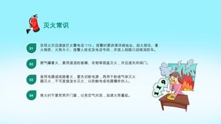 灭火常识
发现火灾迅速拨打火警电话 119 。报警时要讲清详细地址、起火部位、着
火物质、火势大小、报警人姓名及电话号码，并派人到路口迎候消防车。
01
燃气罐着火，要用浸湿的被褥、衣物等捂盖灭火，并迅速关闭阀门。
02
家用电器或线路着火，要先切断电源，再用干粉或气体灭火
器灭火，不可直接泼水灭火，以防触电或电器爆炸伤人。
03
救火时不要贸然开门窗，以免空气对流，加速火势蔓延。
04
 