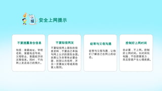 包括：家庭地址、学校
名称、家庭电话号码、
父母职业、家庭经济状
况等信息。同时，不向
网上发送自己的照片。
不要透露身份信息
不要轻信网上朋友的信
息资料，不要自己单独
与网上认识的朋友会面。
如果认为非常有必要会
面，则到公共场所，并
且一定要由父母或其他
家人陪同。
不要轻信网友
经常与父母沟通，让他
们了解自己在网上的动
态。
经常与父母沟通
非必要，不上网。控制
好上网时间。长时间玩
电脑，不但损害视力，
而且容易产生心理疾病。
控制好上网时间
安全上网提示
 