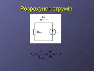 11
11
Розрахунок струмів
Розрахунок струмів
( )
3
33
екв3
E 20
I 1 А
R 20
  
 