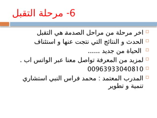 6
-
‫التقبل‬ ‫مرحلة‬

‫التقبل‬ ‫هي‬ ‫الصدمة‬ ‫مراحل‬ ‫من‬ ‫مرحلة‬ ‫اخر‬

‫استئناف‬ ‫و‬ ‫عنها‬ ‫نتجت‬ ‫التي‬ ‫النتائج‬ ‫و‬ ‫الحدث‬

‫جديد‬ ‫من‬ ‫الحياة‬
......

. ‫اب‬ ‫الواتس‬ ‫عبر‬ ‫معنا‬ ‫تواصل‬ ‫المعرفة‬ ‫من‬ ‫لمزيد‬

00963933040810

:
‫استشاري‬ ‫النبي‬ ‫فراس‬ ‫محمد‬ ‫المعتمد‬ ‫المدرب‬
‫تطوير‬ ‫و‬ ‫تنمية‬
 