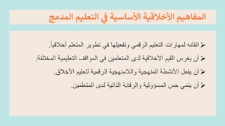 ‫المدمج‬ ‫التعليم‬ ‫ي‬
‫ر‬
‫ق‬ ‫األساسية‬ ‫األخالقية‬ ‫المفاهيم‬
➢
‫اتقانه‬
‫لمهارات‬
‫التعليم‬
‫الرقمي‬
‫وتفعيلها‬
‫في‬
‫تطوير‬
‫المتعلم‬
‫أخال‬
ً‫ا‬‫قي‬
.
➢
‫أن‬
‫يغرس‬
‫القيم‬
‫األخالقية‬
‫لدى‬
‫المتعلمين‬
‫في‬
‫المواقف‬
‫التعليمية‬
‫ا‬
‫لمختلفة‬
.
➢
‫أن‬
‫يفعل‬
‫األنشطة‬
‫المنهجية‬
‫والالمنهجية‬
‫الرقمية‬
‫لتعليم‬
‫األخالق‬
.
➢
‫أن‬
‫ينمي‬
‫حس‬
‫المسؤولية‬
‫والرقابة‬
‫الذاتية‬
‫لدى‬
‫المتعلمين‬
.
 