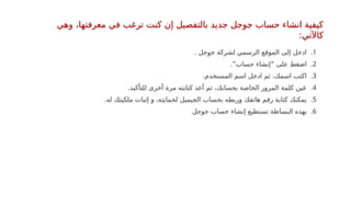 .1
. ‫جوجل‬ ‫لشركة‬ ‫الرسمي‬ ‫الموقع‬ ‫إلى‬ ‫ادخل‬
.2
.”‫حساب‬ ‫“إنشاء‬ ‫على‬ ‫اضغط‬
.3
.‫المستخدم‬ ‫اسم‬ ‫ادخل‬ ‫ثم‬ ،‫اسمك‬ ‫اكتب‬
.4
.‫للتأكيد‬ ‫أخرى‬ ‫مرة‬ ‫كتابته‬ ‫أعد‬ ‫ثم‬ ،‫بحسابك‬ ‫الخاصة‬ ‫المرور‬ ‫كلمة‬ ‫عين‬
.5
.‫له‬ ‫ملكيتك‬ ‫إثبات‬ ‫و‬ ،‫لحمايته‬ ‫الجيميل‬ ‫بحساب‬ ‫وربطه‬ ‫هاتفك‬ ‫رقم‬ ‫كتابة‬ ‫يمكنك‬
.6
‫جوجل‬ ‫حساب‬ ‫إنشاء‬ ‫تستطيع‬ ‫البساطة‬ ‫بهذه‬
‫وهي‬ ،‫معرفتها‬ ‫في‬ ‫ترغب‬ ‫كنت‬ ‫إن‬ ‫بالتفصيل‬ ‫جديد‬ ‫جوجل‬ ‫حساب‬ ‫انشاء‬ ‫كيفية‬
:‫كاآلتي‬
 