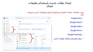 ‫تطبيقات‬ ‫باستخدام‬ ‫جديدة‬ ‫ملفات‬ ‫إنشاء‬
‫جوجل‬
•
Google Docs
•
Google sheets
•
Google slides
•
Google forms
•
Google drawings
•
.‫أخرى‬ ‫تطبيقات‬ ‫إضافة‬ ‫للمستخدم‬ ‫يمكن‬
،‫معروفة‬ ‫اخرى‬ ‫وتطبيقات‬ ‫لبرامج‬ ‫ومشابهة‬ ‫لجوجل‬ ‫_ددة‬
‫ع‬‫مت‬ ‫تطبيقات‬ ‫يوجد‬
:‫مثل‬
 