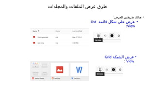 ‫والمجلدات‬ ‫الملفات‬ ‫عرض‬ ‫طرق‬
•
‫هنا‬
‫ل‬
:‫للعرض‬ ‫طريقتين‬ ‫ك‬
•
‫قائمة‬ ‫شكل‬ ‫على‬ ‫عرض‬
List
View
:
•
‫عرض‬
‫الشبكة‬
Grid
View
:
 