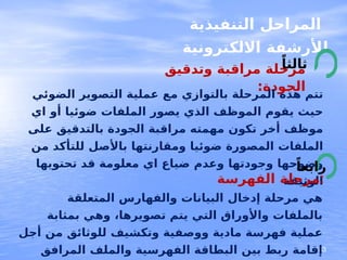 83
‫التنفيذية‬ ‫المراحل‬
‫االلكترونية‬ ‫لألرشفة‬
‫وتدقيق‬ ‫مراقبة‬ ‫مرحلة‬
:‫الجودة‬
ً‫ثالثا‬
‫الضوئي‬ ‫التصوير‬ ‫عملية‬ ‫مع‬ ‫بالتوازي‬ ‫المرحلة‬ ‫هذه‬ ‫تتم‬
‫اي‬ ‫أو‬ ‫ضوئيا‬ ‫الملفات‬ ‫يصور‬ ‫الذي‬ ‫الموظف‬ ‫يقوم‬ ‫حيث‬
‫على‬ ‫بالتدقيق‬ ‫الجودة‬ ‫مراقبة‬ ‫مهمته‬ ‫تكون‬ ‫أخر‬ ‫موظف‬
‫من‬ ‫للتأكد‬ ‫باألصل‬ ‫ومقارنتها‬ ‫ضوئيا‬ ‫المصورة‬ ‫الملفات‬
‫تحتويها‬ ‫قد‬ ‫معلومة‬ ‫اي‬ ‫ضياع‬ ‫وعدم‬ ‫وجودتها‬ ‫وضوحها‬
‫الوثيقة‬
‫الفهرسة‬ ‫مرحلة‬:
ً‫رابعا‬
‫المتعلقة‬ ‫والفهارس‬ ‫البيانات‬ ‫إدخال‬ ‫مرحلة‬ ‫هي‬
‫بمثابة‬ ‫وهي‬ ،‫تصويرها‬ ‫يتم‬ ‫التي‬ ‫واألوراق‬ ‫بالملفات‬
‫أجل‬ ‫من‬ ‫للوثائق‬ ‫وتكشيف‬ ‫ووصفية‬ ‫مادية‬ ‫فهرسة‬ ‫عملية‬
‫المرافق‬ ‫والملف‬ ‫الفهرسية‬ ‫البطاقة‬ ‫بين‬ ‫ربط‬ ‫إقامة‬
 