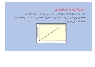 ‫ا&نزيمي‬ ‫والحفز‬ ‫نزيم‬-‫ا‬ ‫تركيز‬ :
‫مؤثر‬ ‫عامل‬ ‫التفاعل‬ ‫مادة‬ ‫تركيز‬ ‫يكن‬ ‫لم‬ ‫–اذا‬ ‫نزيم‬8‫ا‬ ‫تركيز‬ ‫زاد‬ ‫كلما‬ ‫التفاعل‬ ‫سرعة‬ ‫تزداد‬
‫اذا‬ ‫التفاعل‬ ‫سرعة‬ ‫فتتضاعف‬ ‫طردية‬ ‫قة‬C‫ع‬ ( ‫نزيم‬8‫ا‬ ‫نشاط‬ ‫)أو‬ ‫التفاعل‬ ‫وسرعة‬ ‫نزيم‬8‫ا‬ ‫تركيز‬ H‫ب‬ ‫قة‬C‫الع‬
‫نزيم‬8‫ا‬ ‫تركيز‬ ‫تضاعف‬ ‫ما‬ .
 