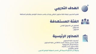 ‫التدريبي‬ ‫الهدف‬
‫الرقمي‬ ‫التسويق‬ ‫في‬ ‫العاملون‬
‫المدونون‬
‫المحررون‬
‫المستهدفة‬ ‫الفئة‬
‫المحتوى‬ ‫كتابة‬ ‫أساسيات‬
‫المحتوى‬ ‫كتابة‬ ‫في‬ )SEO( ‫البحث‬ ‫محركات‬ ‫تحسين‬ ‫تقنيات‬
‫التسويقية‬ ‫الرسائل‬ ‫صياغة‬
‫االنتباه‬ ‫يجذب‬ ‫محتوى‬ ‫كتابة‬
‫والتقييم‬ ‫التحليل‬
.‫التدريبي‬ ‫البرنامج‬ ‫شمولية‬ ‫تضمن‬ ‫اللي‬ ‫التدريبية‬ ‫المحاور‬ ‫من‬ ‫وغيرها‬
‫يسية‬‫ئ‬‫الر‬ ‫المحاور‬
‫المختلفة‬ ‫واإلعالم‬ ‫التواصل‬ ‫منصات‬ ‫يناسب‬ ‫وجذاب‬ ‫احترافي‬ ‫محتوى‬ ‫كتابة‬ ‫كيفية‬ ‫المتدربين‬ ‫تعليم‬
 