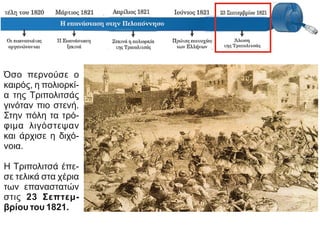 Όσο περνούσε ο
καιρός, η πολιορκί-
α της Τριπολιτσάς
γινόταν πιο στενή.
Στην πόλη τα τρό-
φιμα λιγόστεψαν
και άρχισε η διχό-
νοια.
Η Τριπολιτσά έπε-
σε τελικά στα χέρια
των επαναστατών
στις 23 Σεπτεμ-
βρίου του 1821.
 