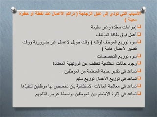 ‫خطوة‬ ‫أو‬ ‫نقطة‬ ‫عند‬ ‫األعمال‬ ‫تراكم‬ ( ‫الزجاجة‬ ‫عنق‬ ‫إلى‬ ‫تؤدي‬ ‫التي‬ ‫األسباب‬
) ‫معينة‬

‫سليمة‬ ‫وغير‬ ‫معقدة‬ ‫إجراءات‬

‫الموظف‬ ‫طاقة‬ ‫فوق‬ ‫أعمل‬

‫ووقت‬ ‫ضرورية‬ ‫غير‬ ‫ألعمال‬ ‫طويل‬ ‫وقت‬ ( ‫لوقته‬ ‫الموظف‬ ‫توزيع‬ ‫سوء‬
) ‫هامة‬ ‫ألعمال‬ ‫قصير‬

‫التخصصات‬ ‫توزيع‬ ‫سوء‬

‫حال‬ ‫وجود‬
‫ا‬
‫المعتادة‬ ‫الروتينية‬ ‫عن‬ ‫تختلف‬ ‫استثنائية‬ ‫ت‬

‫الموظفين‬ ‫من‬ ‫المنظمة‬ ‫حاجة‬ ‫تقدير‬ ‫في‬ ‫تساعد‬
.

‫سليم‬ ‫توزيع‬ ‫األعمال‬ ‫توزيع‬ ‫في‬ ‫تساعد‬

‫لتنفيذها‬ ‫موظفين‬ ‫لها‬ ‫تخصص‬ ‫بأن‬ ‫االستثنائية‬ ‫الحاالت‬ ‫معالجة‬ ‫في‬ ‫تساعد‬

‫انتاجهم‬ ‫عرض‬ ‫بواسطة‬ ‫الموظفين‬ ‫بين‬ ‫االهتمام‬ ‫إثارة‬ ‫في‬ ‫تساعد‬
 