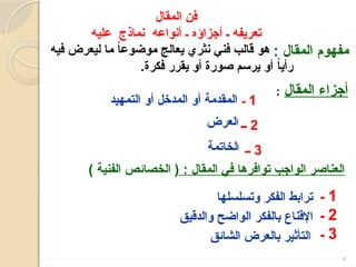 4
‫المقال‬ ‫فن‬
‫عليه‬ ‫نماذج‬ ‫أنواعه‬ ‫ـ‬ ‫أجزاؤه‬ ‫ـ‬ ‫تعريفه‬
: ‫المقال‬ ‫مفهوم‬
‫المقال‬ ‫أجزاء‬
:
‫فيه‬ ‫ليعرض‬ ‫ما‬ ً
‫ا‬‫موضوع‬ ‫يعالج‬ ‫نثري‬ ‫فني‬ ‫قالب‬ ‫هو‬
.‫فكرة‬ ‫يقرر‬ ‫أو‬ ‫صورة‬ ‫يرسم‬ ‫أو‬ ً
‫ا‬‫رأي‬
1
‫ـ‬
2
‫ــ‬
3
‫ــ‬
: ‫المقال‬ ‫في‬ ‫توافرها‬ ‫الواجب‬ ‫العناصر‬
) ‫الفنية‬ ‫الخصائص‬ (
1
‫ـ‬
2
‫ـ‬
3
‫ـ‬
‫الشائق‬ ‫بالعرض‬ ‫التأثير‬
‫والدقيق‬ ‫الواضح‬ ‫بالفكر‬ ‫اإلقناع‬
‫وتسلسلها‬ ‫الفكر‬ ‫ترابط‬
‫التمهيد‬ ‫أو‬ ‫المدخل‬ ‫أو‬ ‫المقدمة‬
‫ا‬
‫لخاتمة‬
‫ا‬
‫لعرض‬
 