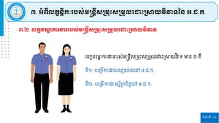 ទំព័រទី ១៦
៣.២. លកខខ ឌ ការង្ហររបស្់មន្តន្តីស្ស្រមរោះស្ស្រមួលដ ោះស្រាយវិវាទ
៣. អំពីលកខន្ិតកៈរបស្់មន្តន្តីស្ស្រមរោះស្ស្រមួលដ ោះស្រាយវិវាទនន្ អ.ដ.ក.
េកខខ ឌ កា ងា បស់ម្ន្តនតីសស្រម្រោះសស្រម្ួេរោោះស្រាយវ ិវាទ មាន ២ គ្ឺ
ទី១- បរស្រម្ីកា ងា រពញរមា
៉ា ងរៅ អ.ដ.ក.
ទី២- បរស្រម្ីកា ងា សម័ស្រគ្ចិតតរៅ អ.ដ.ក.
 